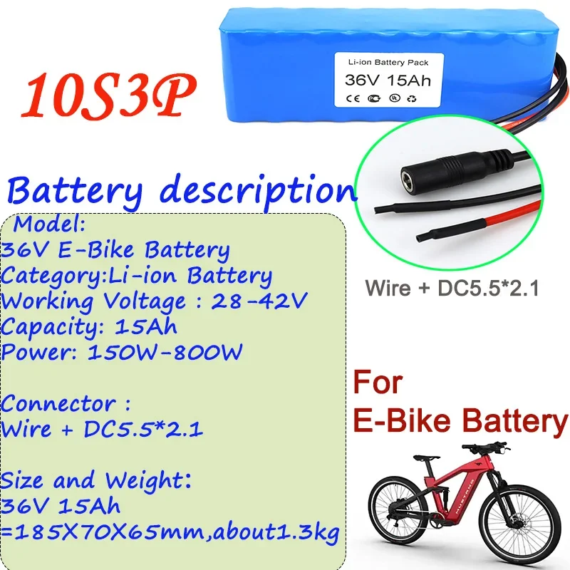 2024 Hot New 36V Ebike Li-ion Battery 15Ah Wire + DC5.5*2.1 Connector And BMS For Ebike Battery Pack