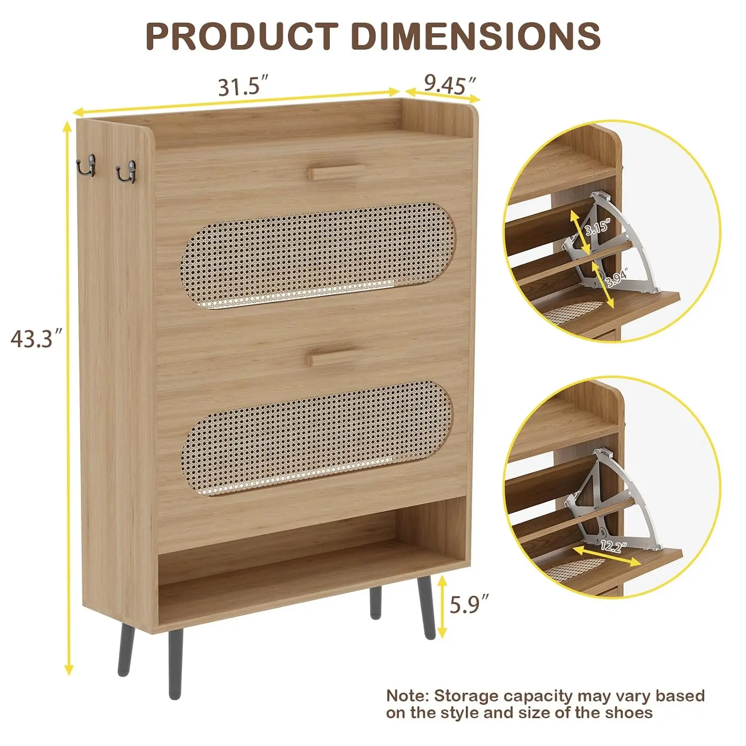 Rattan Shoe Cabinet with 2 Flip Drawers & Bottom Shelf, Narrow Freestanding Shoe Storage for Entryway Hallway Foyer, Customized