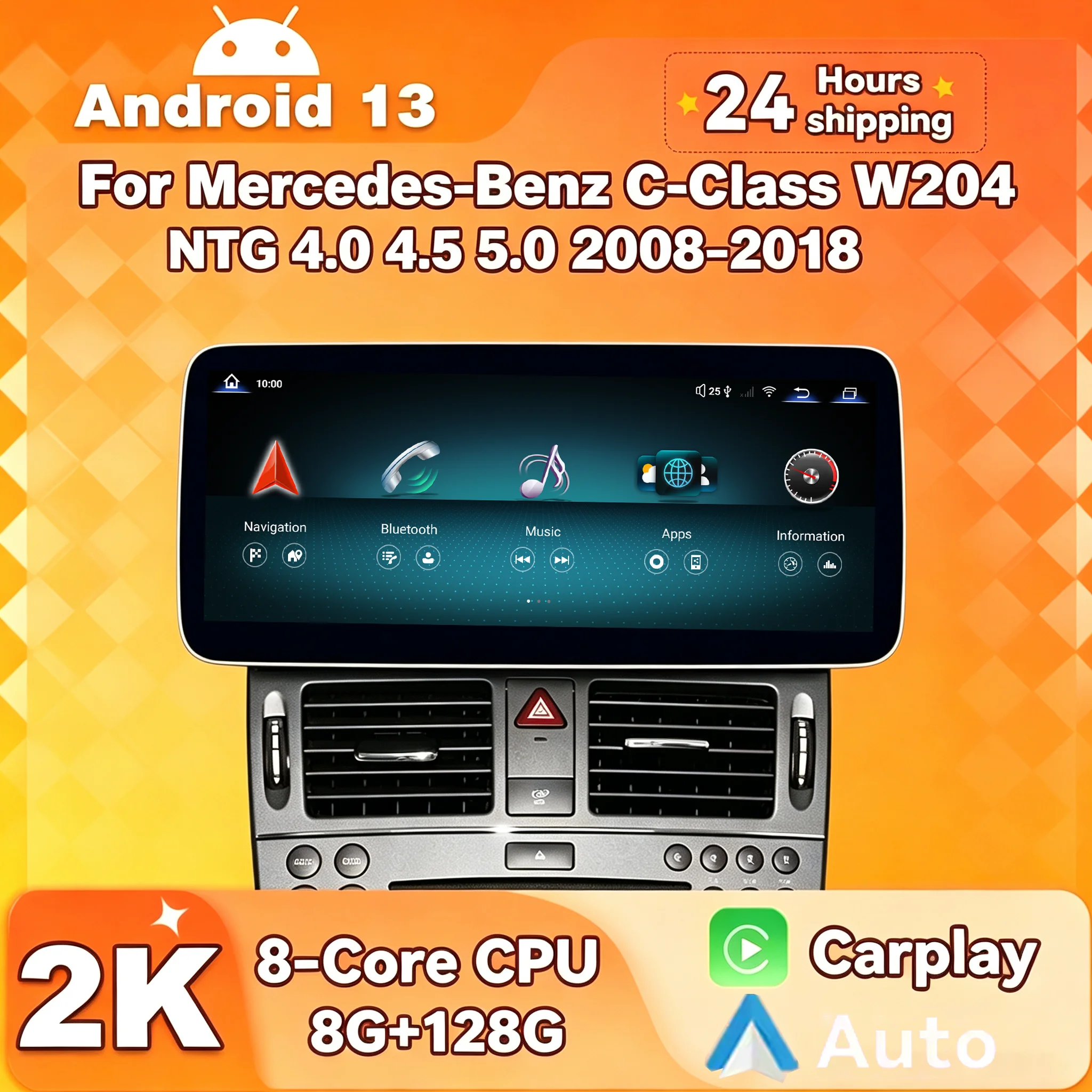 8.8/10.25/12.8 inch Android 13 Qled Screen Car Video Player for Mercedes-Benz C-Class W204 NTG 4.0 4.5 5 2008-2018 Carplay GPS