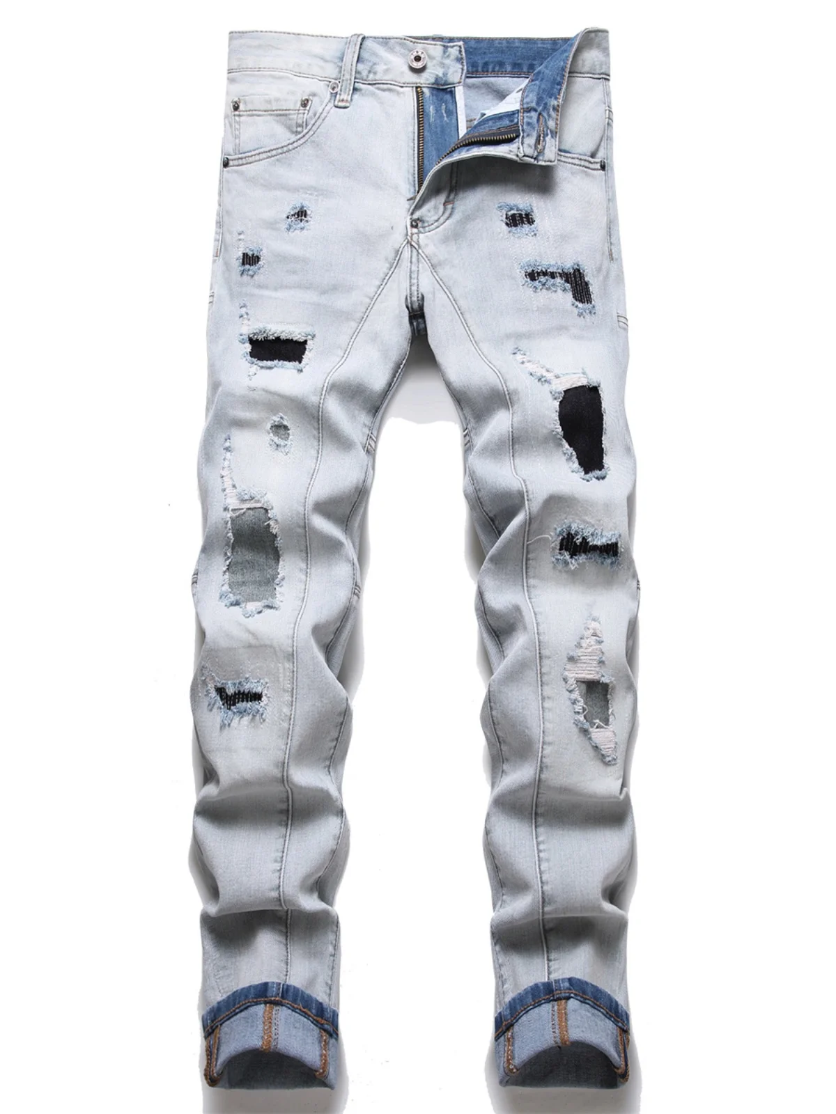 

High-End Men's Slim Fit Jeans Patchwork Embroidered Ripped Cotton Stretch Denim Casual Wear Youth Trend Spring Autumn