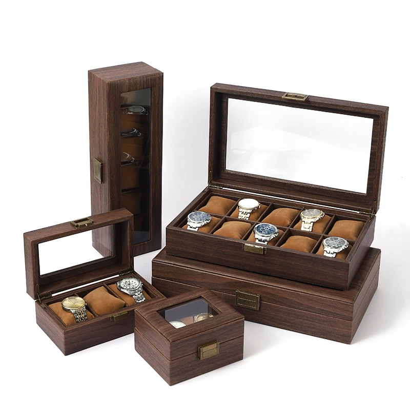 Wood Leather Watch Holder Jewelry Storage Case Glass Top Watch Collection Box Bracelet Watch Display Box