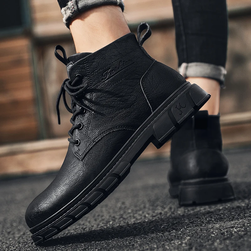 

Men's High Top Waterproof Black Boots Spring Casual Leather Shoes Mid-Calf Work Boots British Style Retro Men's Footwear
