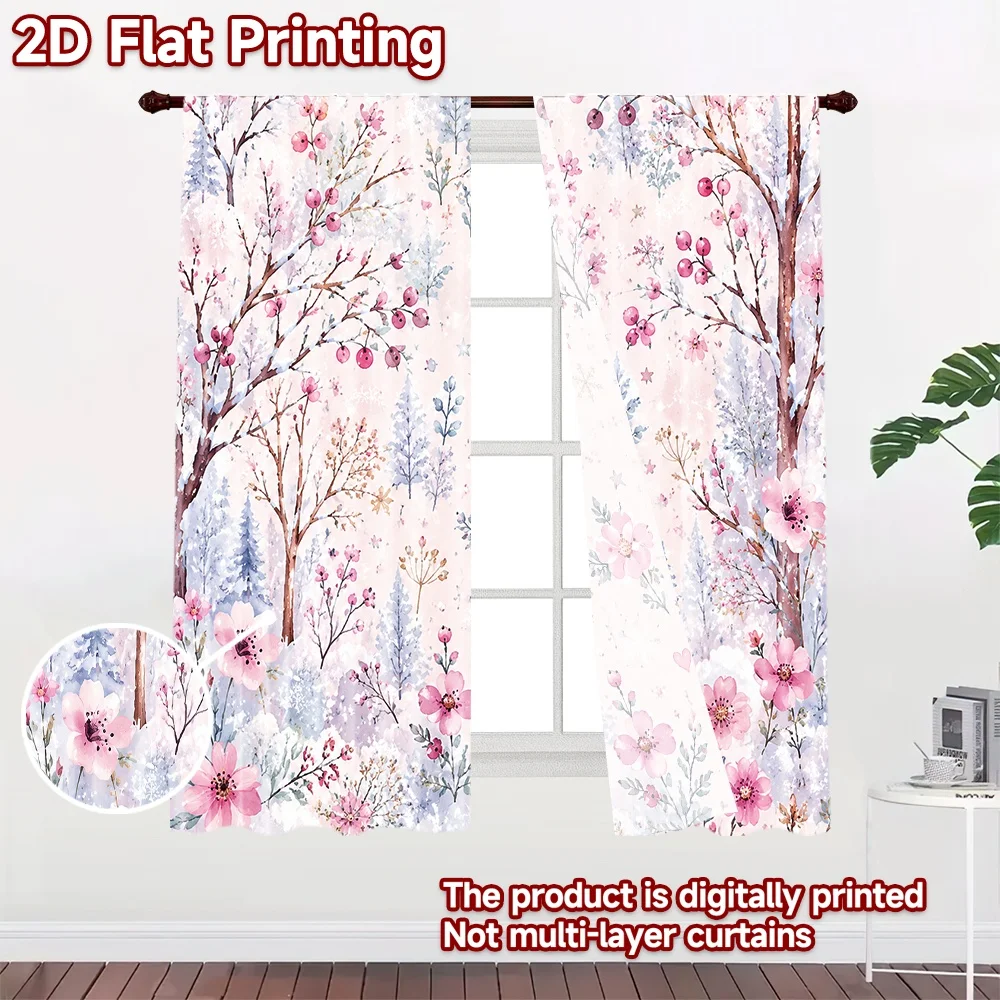 2D flat 2pcs Curtain Retro Country Style Curtains Winter Pink Blossom Forest Durable polyester fiber Festive Wall Decor for