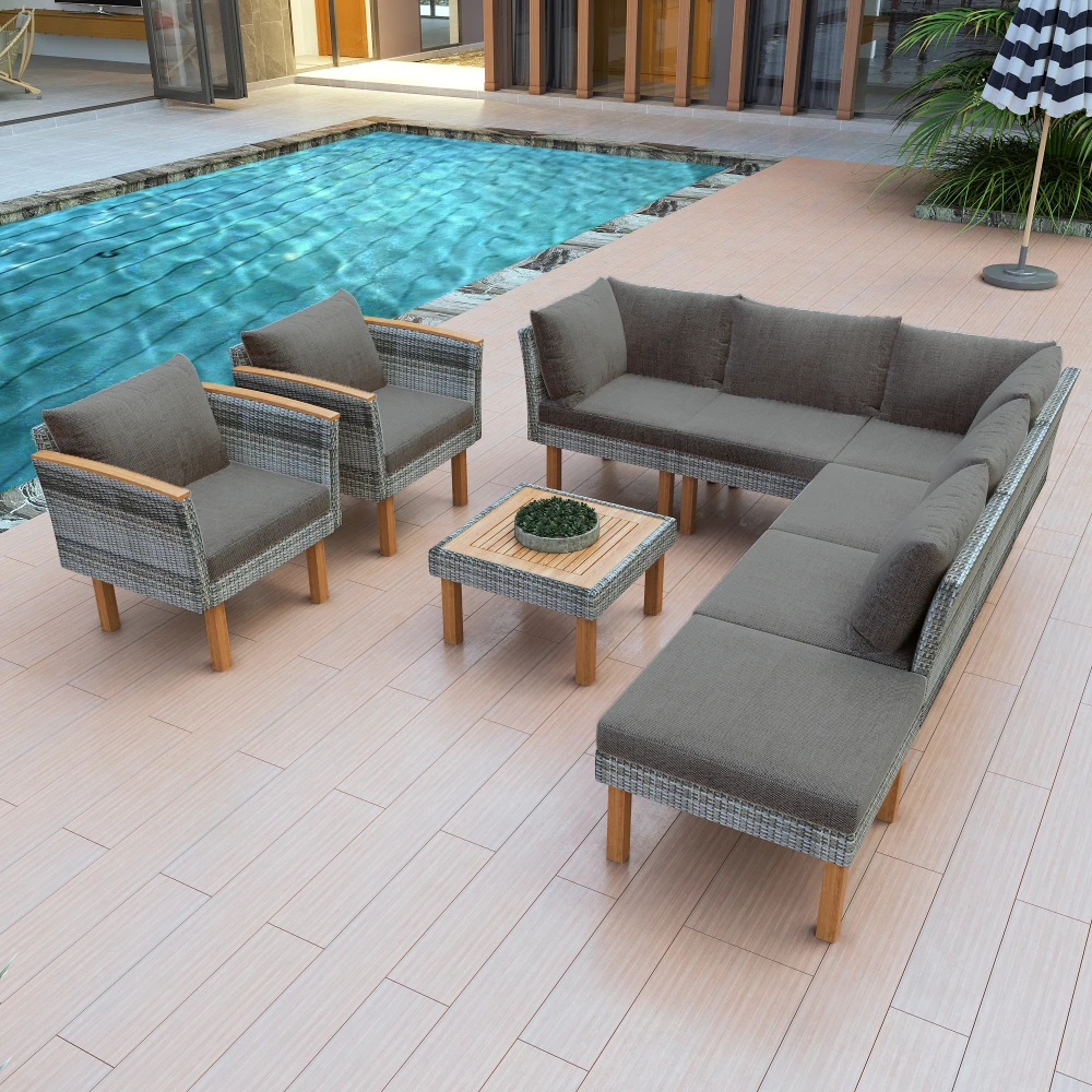 

9-piece terrace rattan furniture set with acacia legs and tabletop, PE rattan segmented sofa set with coffee table