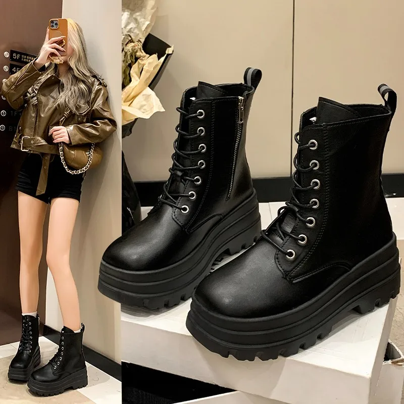 Fall/Winter New Side Zip Platform Single Boots Women's Fashion Round Toe Front Lace-Up Non-Slip Shorthole Boots