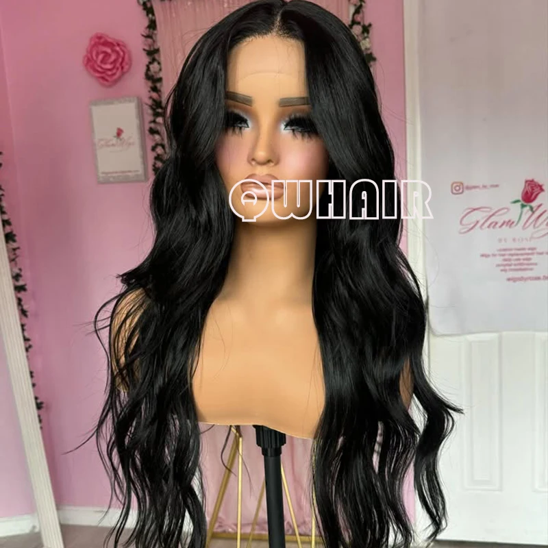 

QW Synthetic Hair Black Body Wave Soft 13X4 Lace Front Wig For Women Hair Heat Resistant Fiber Cosplay Daily