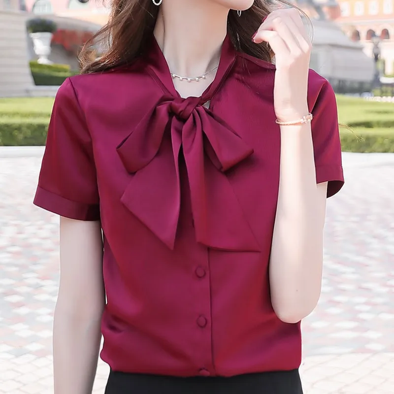 NAVIU Blusas Mujer De Moda 2024 Short Sleeve Blouse Women Bow Colla Office Ladies Tops Wine Red Satin Shirt Female Tops White