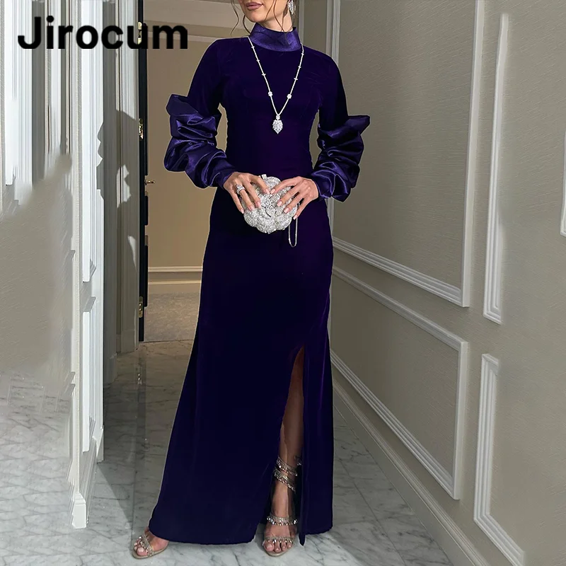 Jirocum Vintage Mermaid Velvet Prom Dress Women\'s High Neck Side Slit customized Evening Gown Floor Length Formal Occasion Gowns