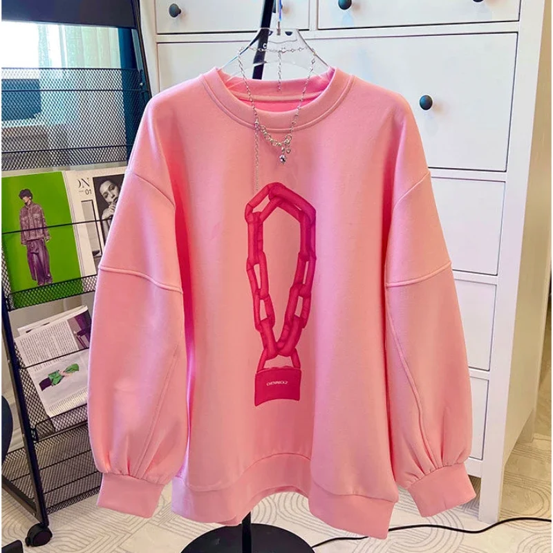 

DAYIFUN-Pink O-Neck Pullover Sweatshirts Lady High Street Hoodies Long Sleeve Women Clothing Unisex Fashion Streetwear Chic Tops