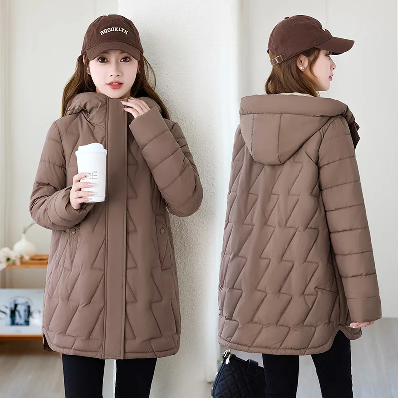 

Женские парки средней длины, пальто с капюшоном, однотонные пальто на молнии с длинными рукавами, прямой крой, толстые повседневные офисные женские туфли, осень-зима 2025