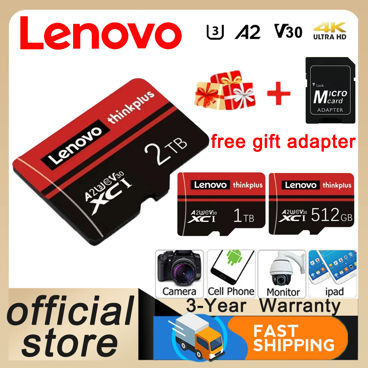 

Lenovo 2TB TF SD Card Extreme SD Memory Card 128GB 512GB 1TB Micro SD Card C10 TF Flash Card for Xiaomi Phone Camera table PC