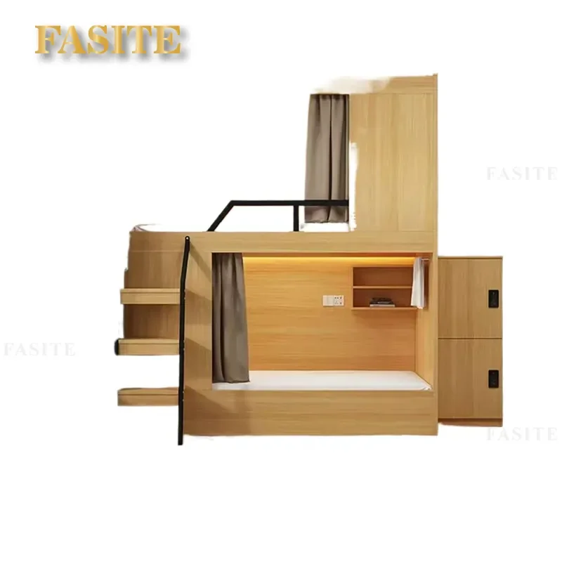 For Student Dormitory Wrought Iron Bunk Bed Steel and Wood Combined Space Capsule Design for Hostel Hotel Apartment High Low