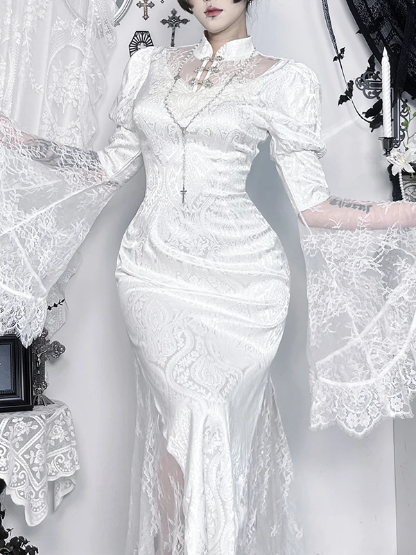 القوطية Sle طويلة Sve المطرزة الدانتيل الزفاف الدكتور لوهوين موضوع القطن البوليستر مزيج عالية الخصر ألف خط الدكتور #4