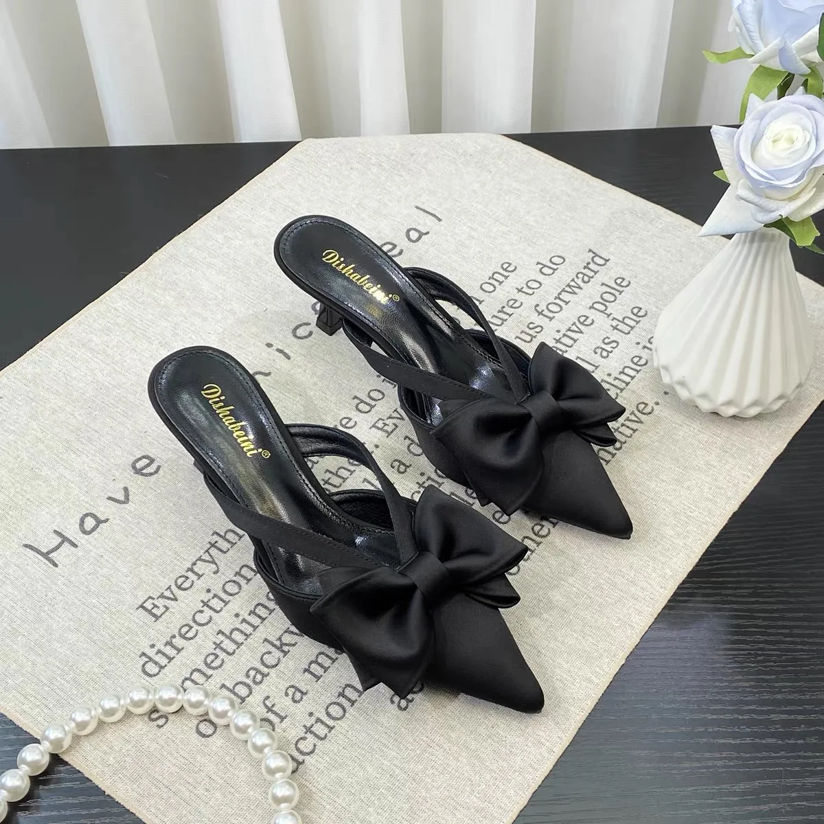 Fashionable Thin-heeled Sandals for Women 2024 Spring and Summer Style Pointed-toe Bow Hollow High-heeled Half-cap Toe Slippers