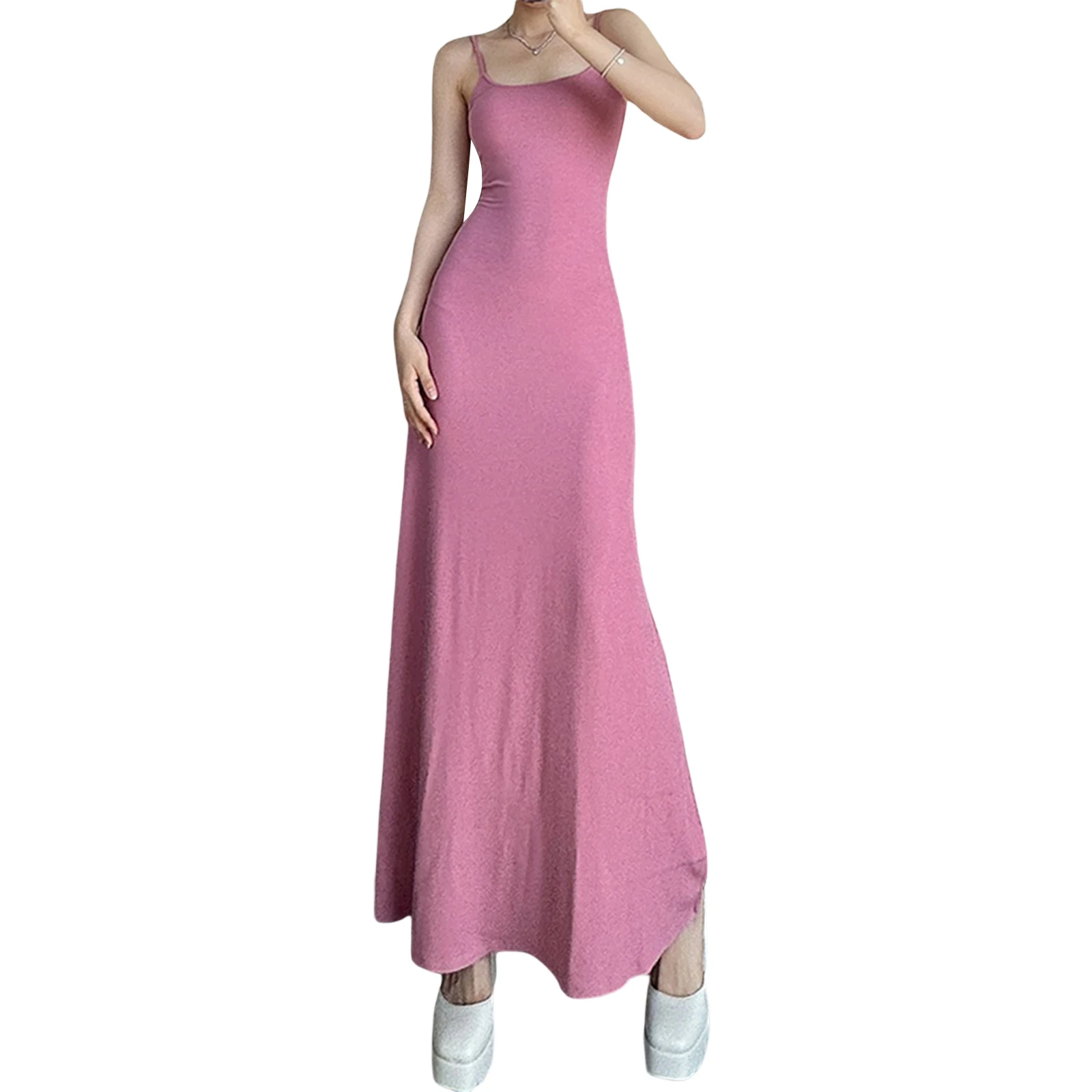 Women's Sling Bodycon A-Line Long Dress Summer Spaghetti Straps Hollowed Solid Color Swing Long Dress for Party