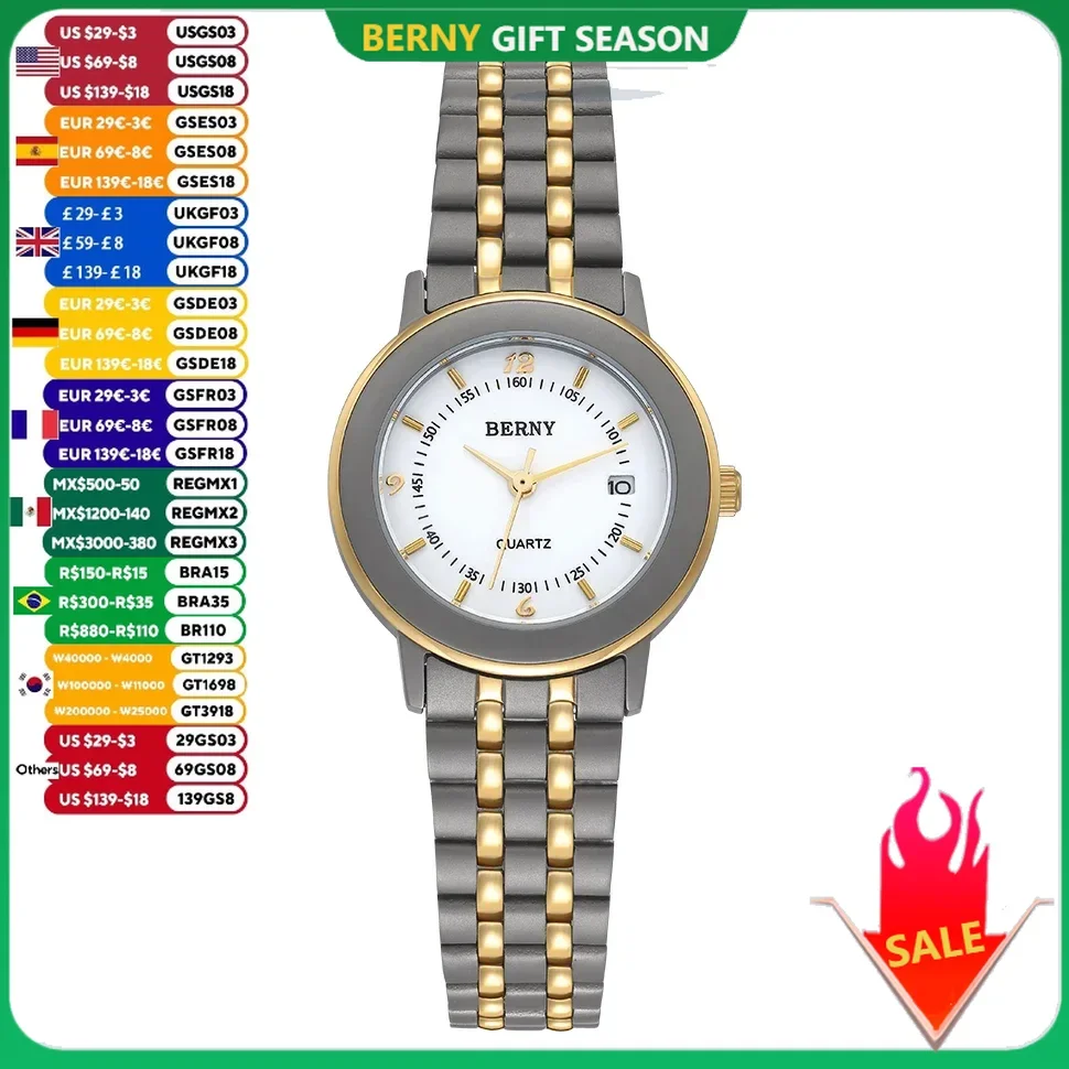 BERNY Titanium Watch Casual Sport Easy Read Calendar Women Quartz Wristwatch Supper Light weight Fashion Waterproof Ladies Watch