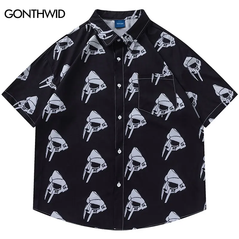 Summer Black Shirts Y2K Streetwear Cartoon Mask Graphic Print Button Up Blouse Hip Hop Harajuku Loose Short Sleeve Beach Shirt