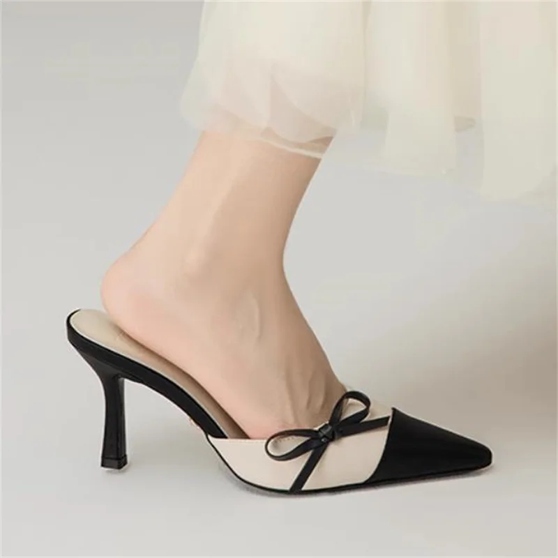 Butterfly-knot Shoes for Women Pointed Toes High Heels Female Mules Sewing Lines Tacones Chassure Femme PU Leather Zapatos Mujer