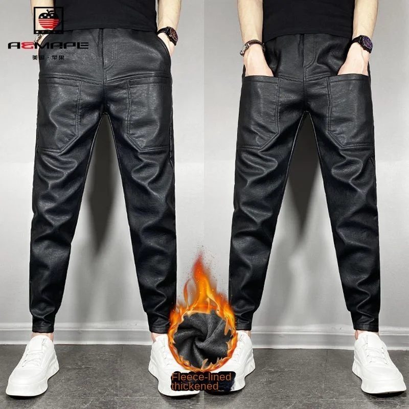 

New Arrival Winter Men's Casual Faux Leather Pants Thick Motorcycle Trousers Warm Heat Fleece Water-resistant Black Knight Pants