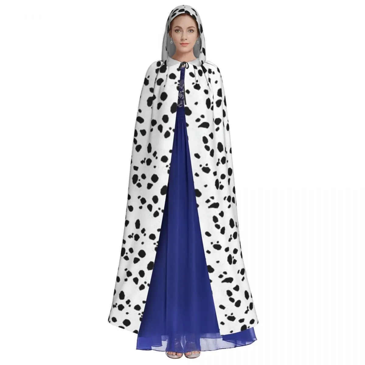 Cute Spots Dots Dalmatian Dog Print Long Hooded Cloak Witch Medieval Costume Cosplay Cape HalloweenVampire Adult Unisex