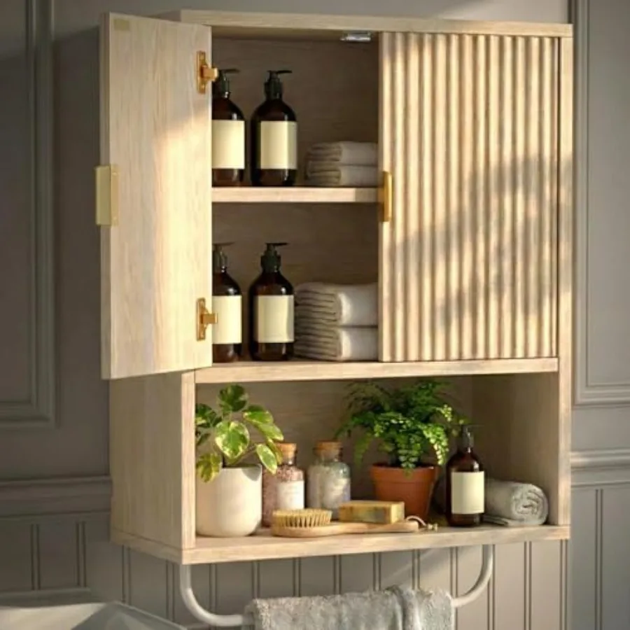 

Настенный шкаф для ванной комнаты без зеркала, рифленый деревянный аптечка с вешалкой для полотенец, органайзер для хранения над унитазом в деревенском стиле