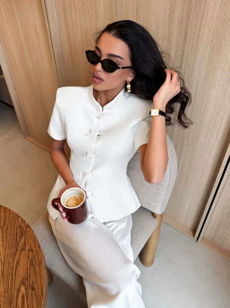 Women 2026 Spring Summer New Hot Selling Chinese Style Stand Collar Frog Button Short Sleeve Blouse Top Elegant Trendy Chic Best