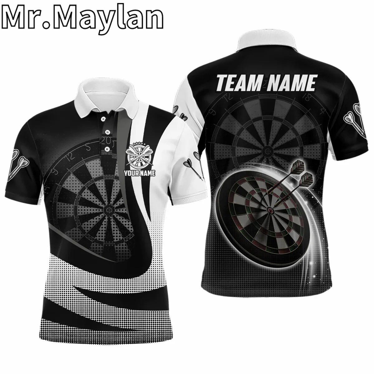 3D Personalized Black White 3D Mens Darts Polo Shirt For Men And Women Custom Name Cool Darts Team Jersey Gifts For Darts Lovers