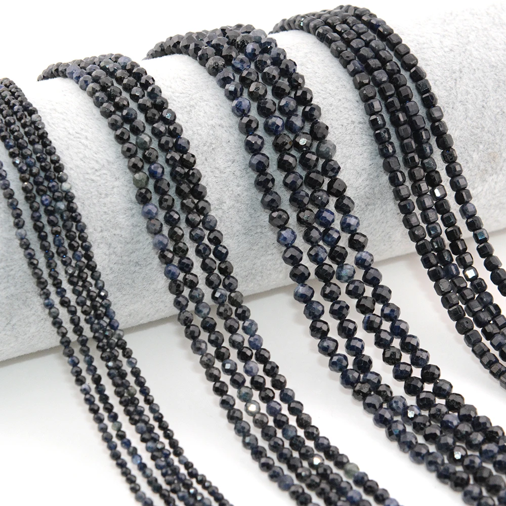 Natural Dark Sapphire Faceted Round / Cube Beads 2mm,3mm,4mm,For Jewelry Making DIY Bracelets Necklace , Length 39cm