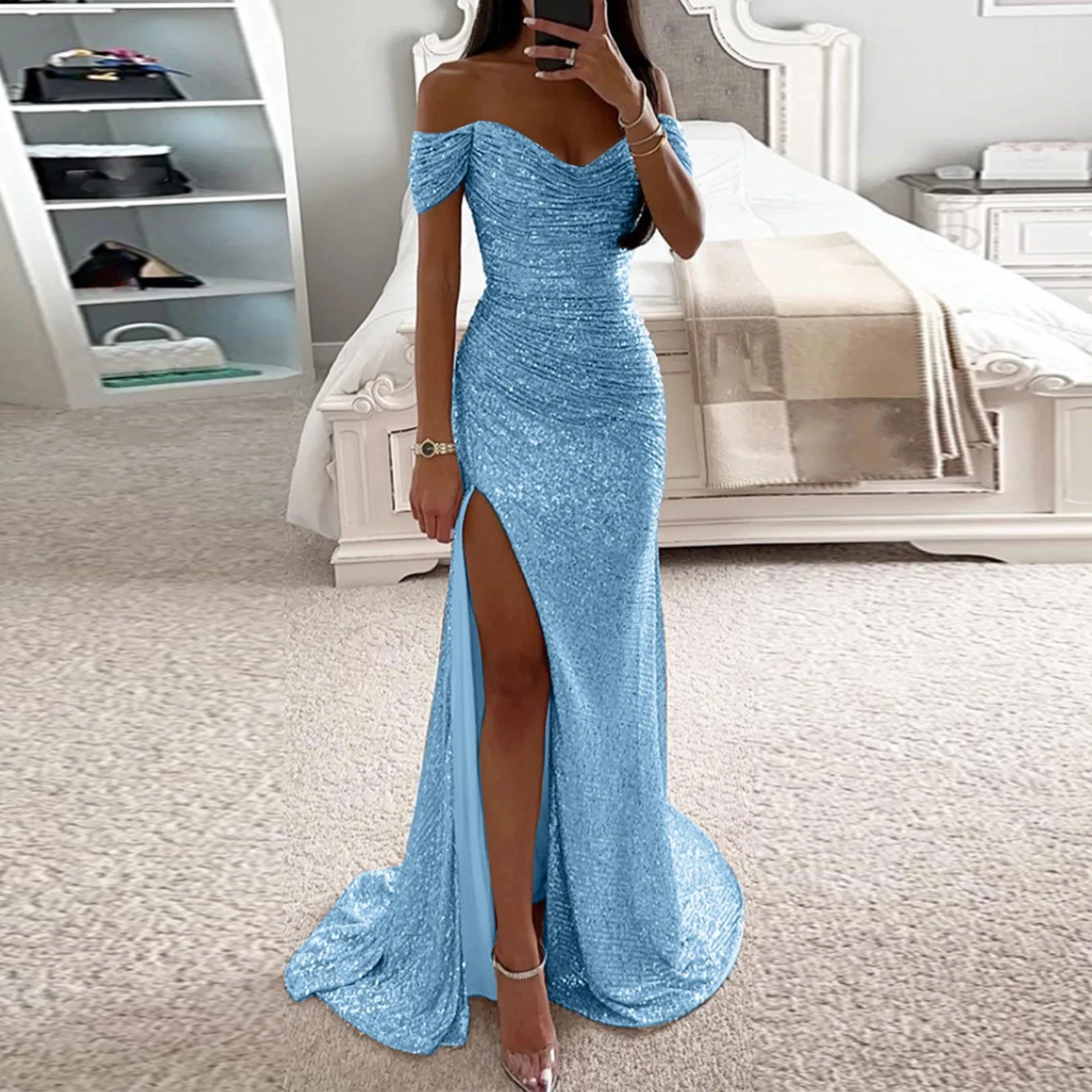 vestido para boda fiesta mujer elegante 2025 Customized Off Shouler Floor Length Sequin Mermaid Split Long Bridesmaid Dressees