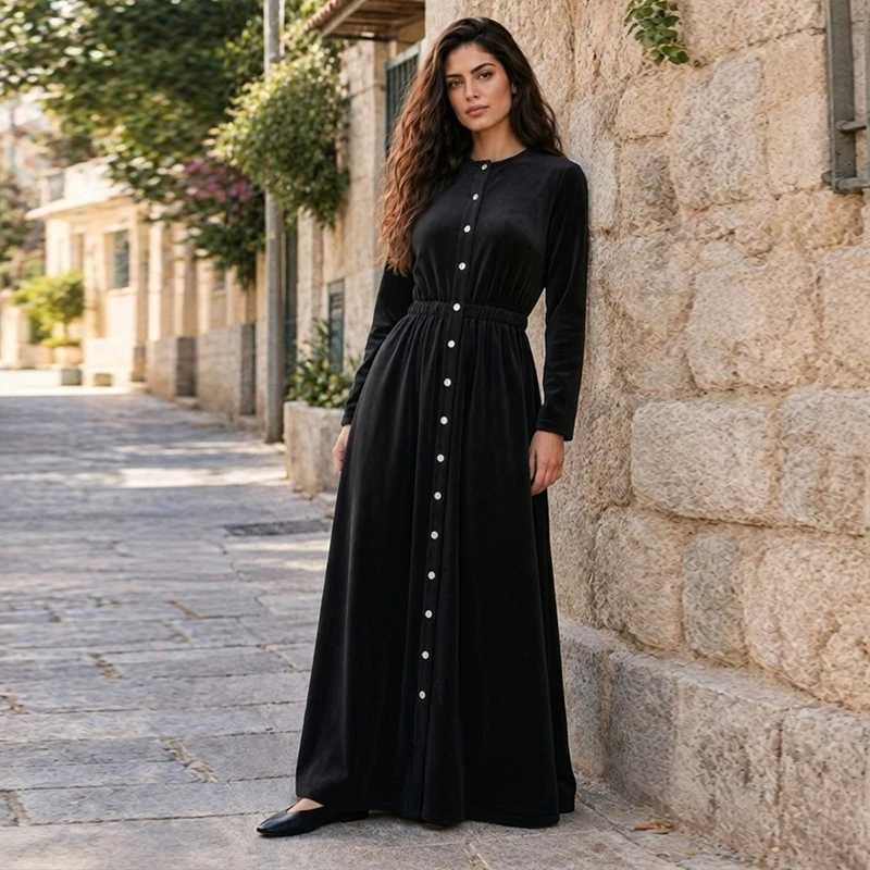 Black Casual Maxi Dress for Women Chenille Fabric Round Neck Front Button Opening Comfortable Size Inclusive Maxi Dress XS-XXXL