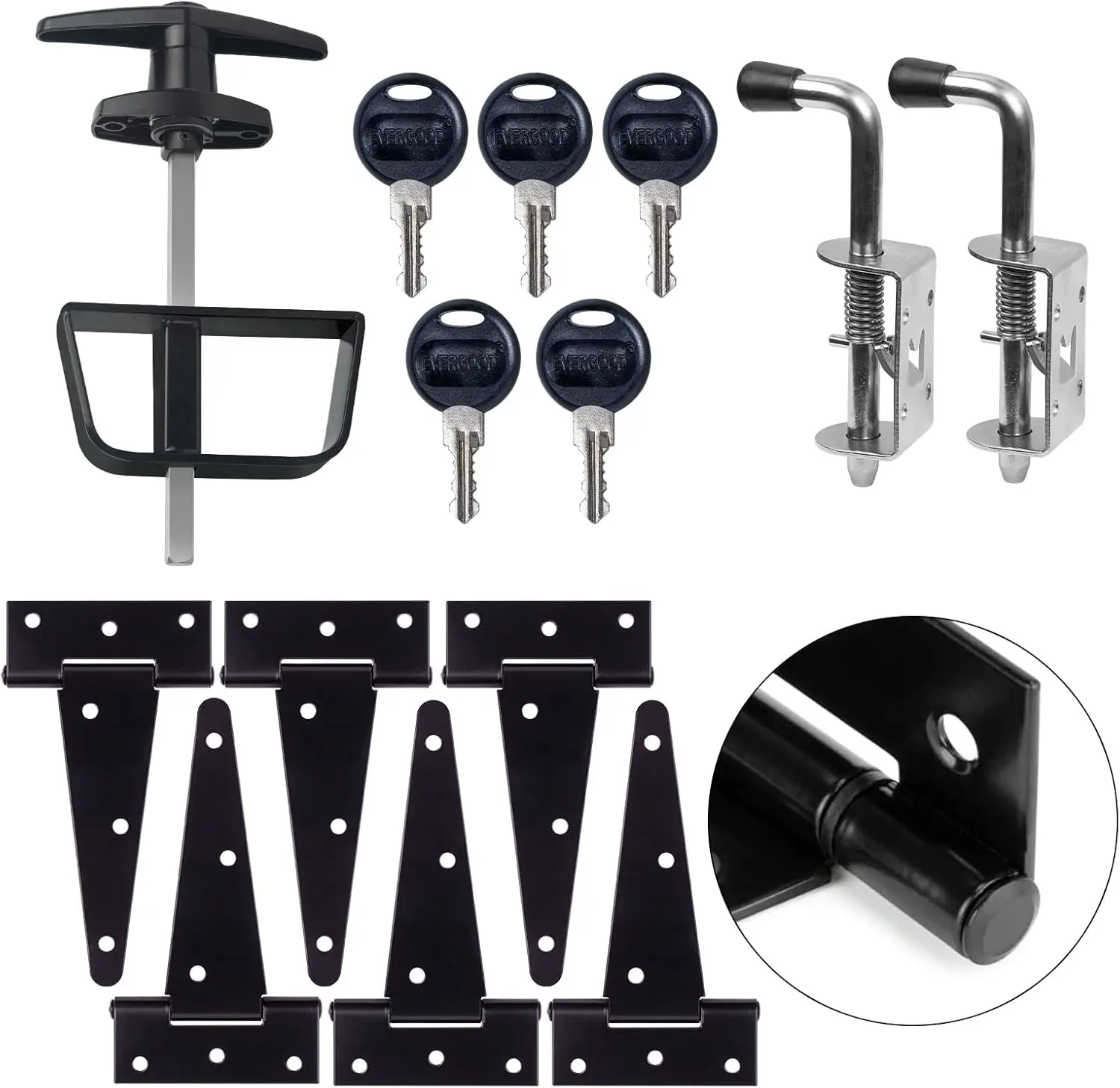 

6" Shed Door Hardware Kit with T-Handle Lock & 5 Keys - 6 Hinges, 2 Barrel Bolts - Iron Gate Hardware Set, Black Powder Coated