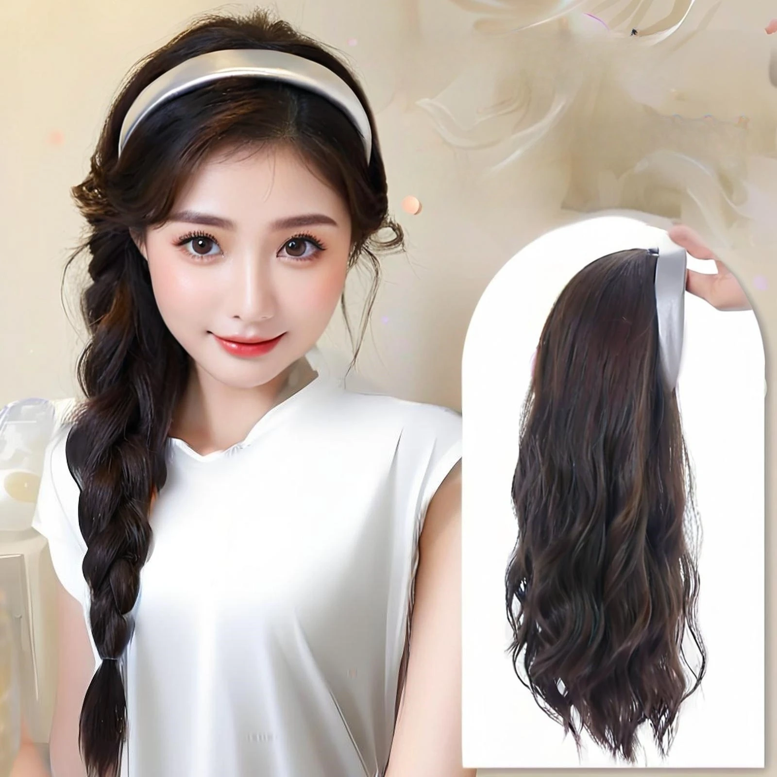 

Hair clip wig for women, natural half-head cap, water wave long curly hair synthetic wig piece, wig accessory