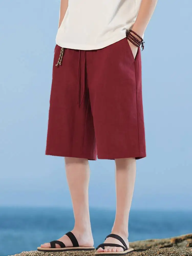 

Красные льняные мужские шорты: летние, тонкие, из хлопка и льна, прямые, свободные, повседневные брюки до середины икры, пляжная одежда для молодежи, Vitali Sle Five-Part...