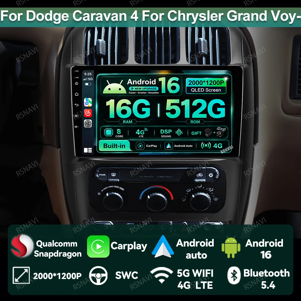 Radio para Auto Android 16 para Dodge Caravan 4, para Chrysler Grand Voyager RS 2000 - 2012, 4G LTE, GPS, Navegación, Estéreo, Qualcomm, QLED, BT