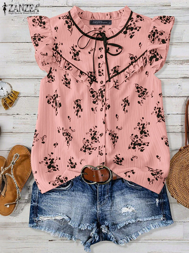 

Women Bohemian Top ZANZEA Ruffle Shirts 2025 Summer Short Sleeve Tunic Floral Print Blouse Vintage Fashion Buttons Casual Blusas
