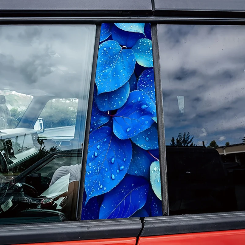 

2 pieces car center pillar stickers Dewy Blue Leaves Scratch-resistant protective film