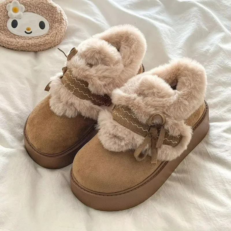 2026 New Winter Women Elevated Thick Sole Snow Boots, Cute Bow Knot Slip Furry Shoes Warm Plush Short Booties for Petite Ladies