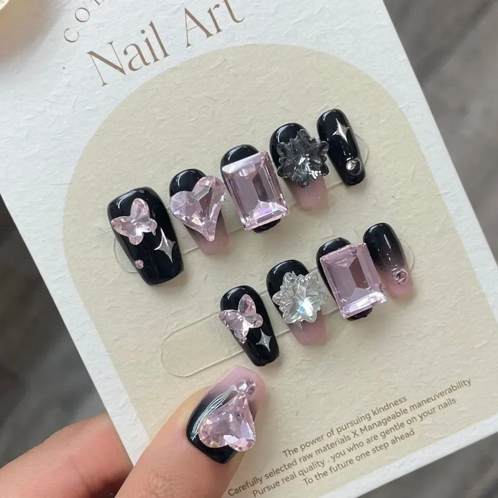 

Handmade Y2k Press on Nails Pink Black Korean Star Charm Design Reusable Adhesive False Nails Acrylic Full Cover Nail Tips Art