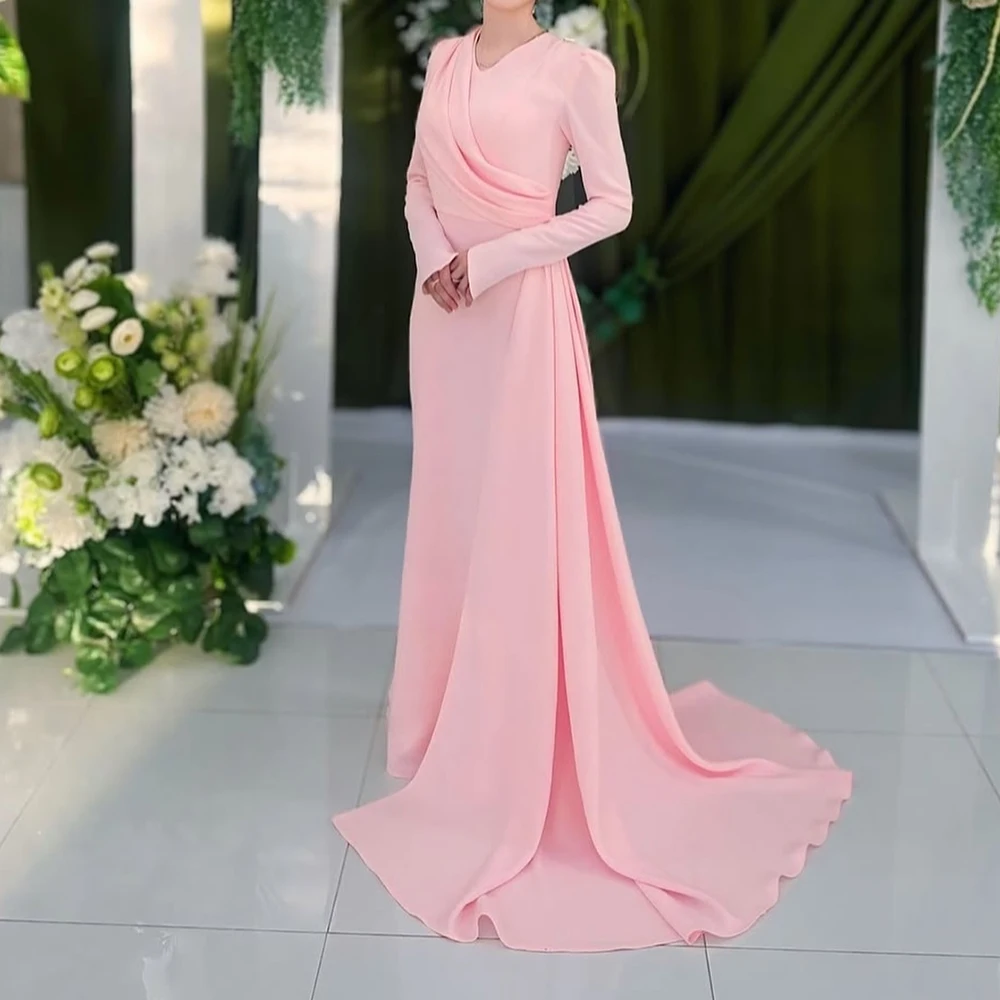 

Customized Mermaid Evening Dresses Floor-length V-neck Full Sleeve Prom Gown Simple Fashion Pleat Draped Casual Party Gown