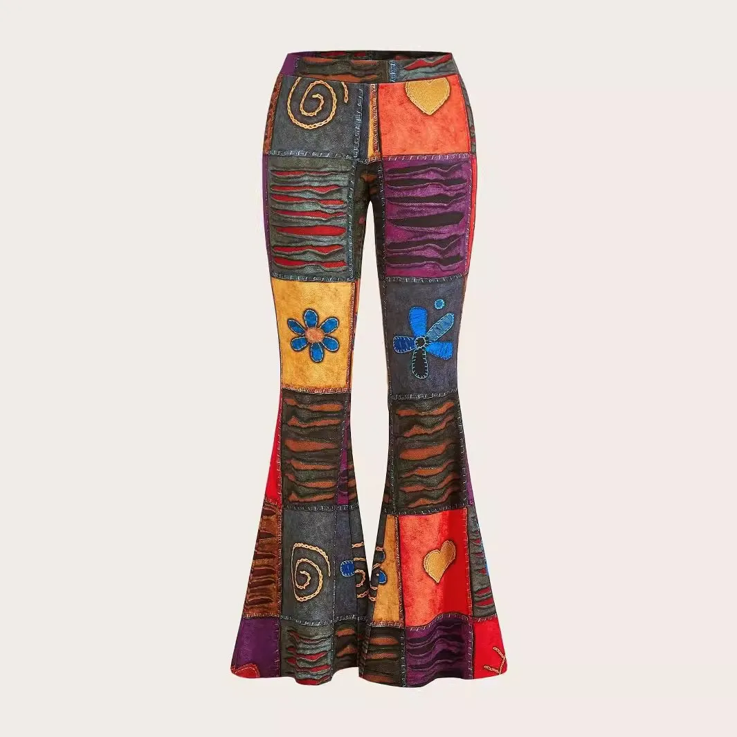Streetwear Printed Pants Full Length Mid Waist Trousers Flare Patchwork Design Flared Pants Floral Embroidery Multi Color Pants