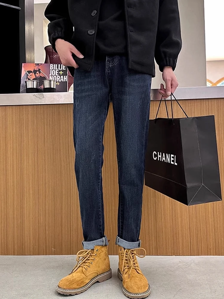 

Зимние утепленные джинсы с флисовой подкладкой для мужчин, облегающие, повседневные, с эластичными прямыми штанинами, молодежные, трендовые, хлопковые