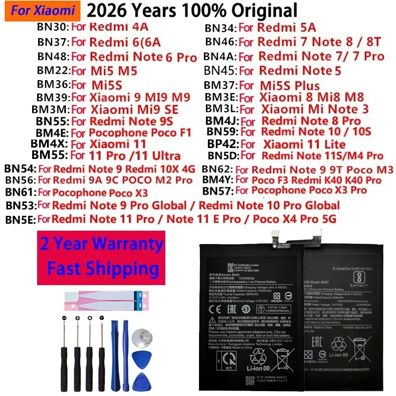 For Xiaomi Redmi Note Mi Poco F1 M2 M3 F3 X3 4X 4A K40 5 5A 5S 6 6A 7 10 10S 10X 11 11S 8 8T 9 9A 9C 9S 9T  Plus Pro SE Battery