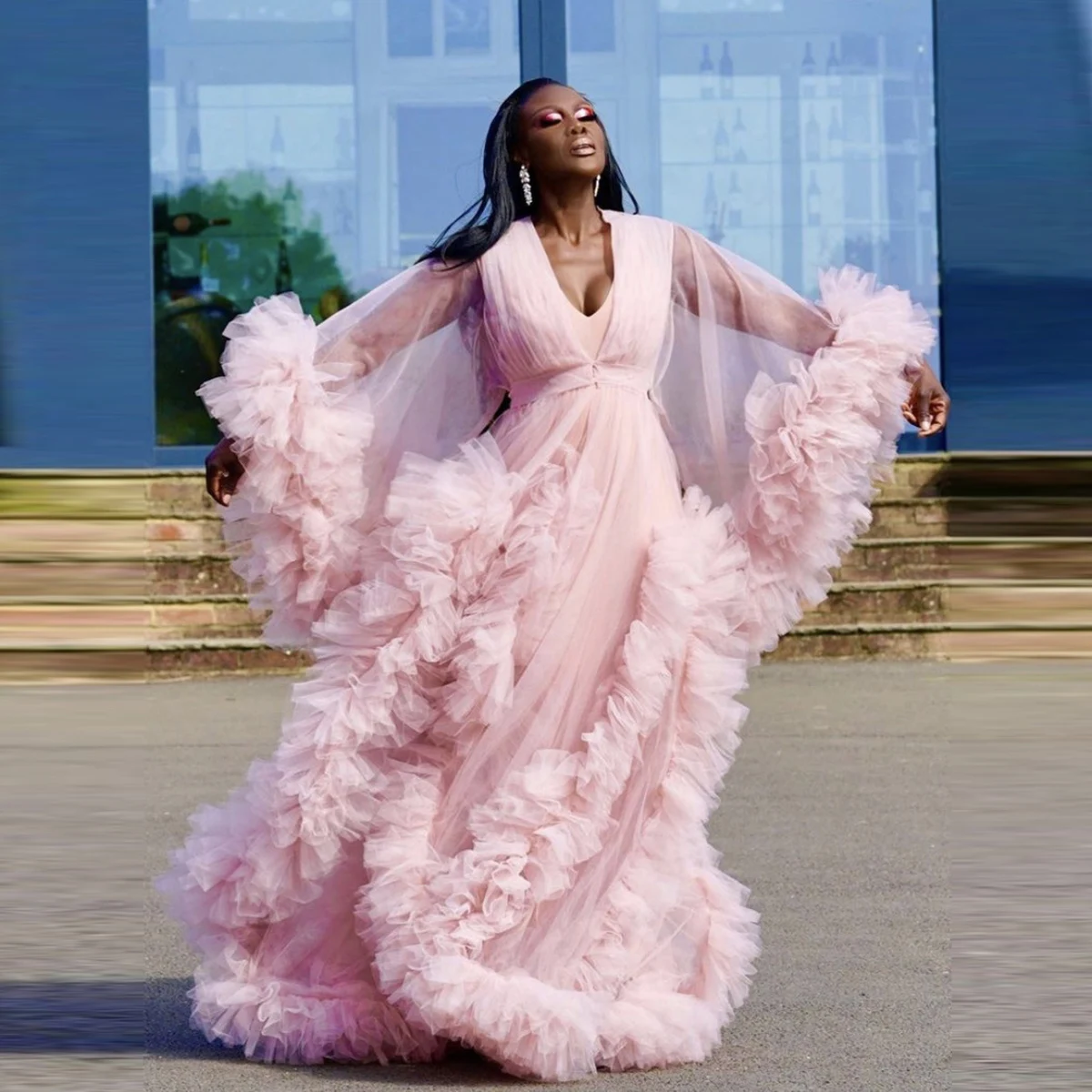 Pink Maternity Photography Prop Pregnancy Dress For Photo Shooting  Tulle  Ruffle Pregnant Women Dresses Maxi Maternity Gown