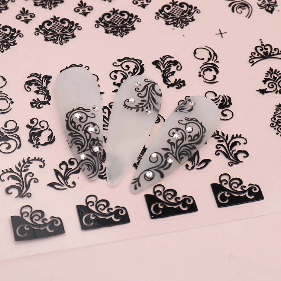 12 Design 3D Nagel Aufkleber Decals Weiß Schwarz Spitze Blumen Blatt Design Geometrie Linie Nagel Kunst Sliders Maniküre Dekorationen