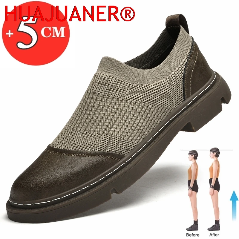 

Spring Summer Men Casual Flats/5cm Elevator Shoes Men Loafers Soft Cow Leather+mesh Man Moccasins Height Increase Taller Shoes