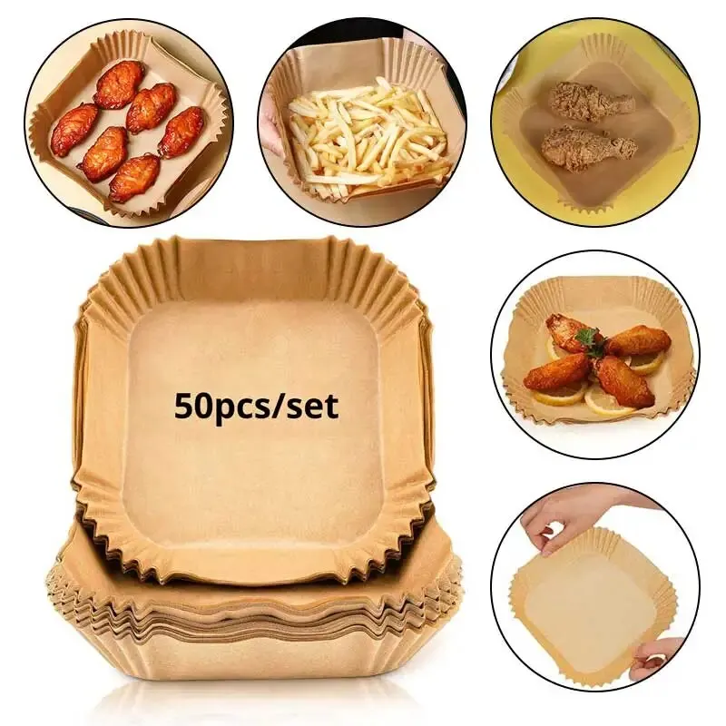 50 stks/set friteuse Wegwerp Papier Perkament Houtpulp Steamer Cheesecake Air Fryer Accessoires Bakpapier Voor Air Friteuse