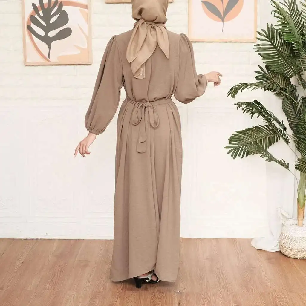 เสื้อผ้ามุสลิม Robe ใหม่ฤดูใบไม้ผลิ/ฤดูร้อนสีทึบแขนฟองเข็มขัดชุด Robe Abaya Ramadan ดูไบหรูหราอิสลาม Elegant