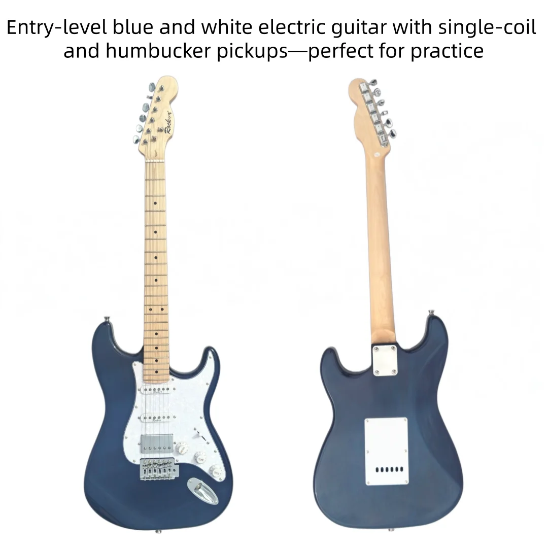 Entry-level blue and white electric guitar with single-coil and humbucker pickups—perfect for practice