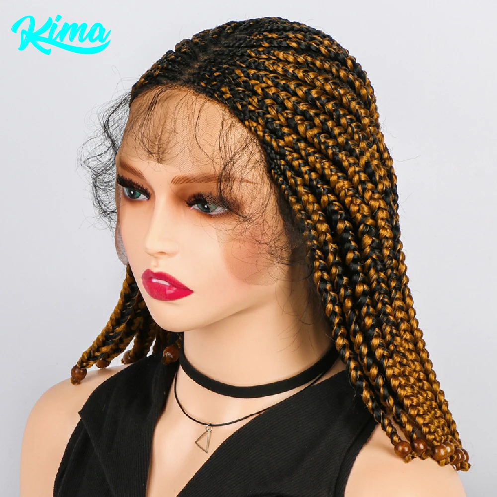 KIMA Synthetic Lace Front Wig Cornrow Beaded Braids Wig Short Bob Wig Braided Wigs with Beads Braiding Hair Wig For Black Women