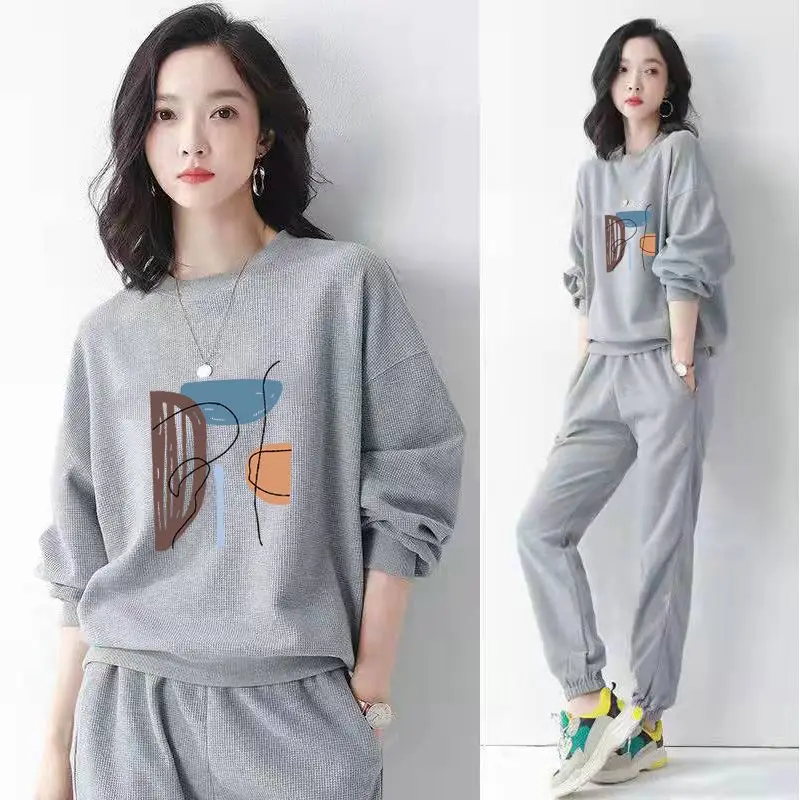 

2024 New Cotton Waffle Casual Sports Set Women Autumn Winter Loose Size Fashion Foreign Style Age Reducing Sweater Two Piece Set